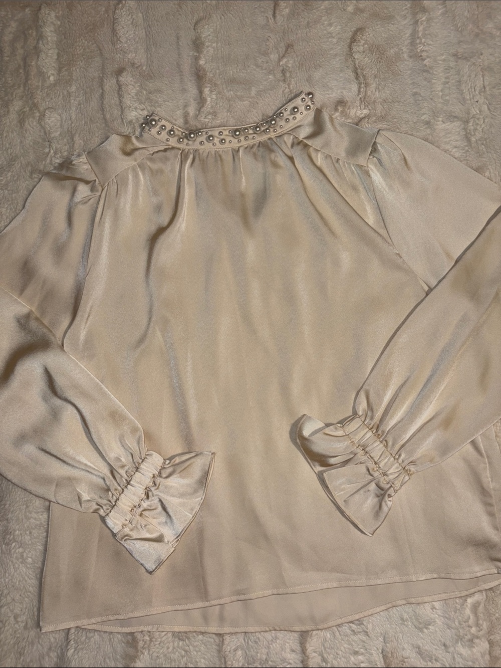 New - TCEC Cream Pearl-Trim Long Sleeve Blouse